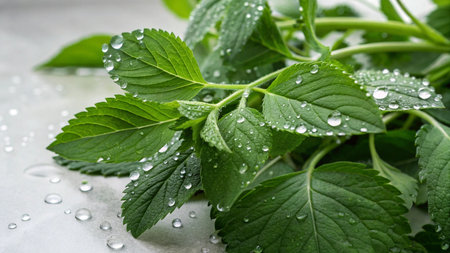 Fresh green mint leaves with water drops on white background, closeup