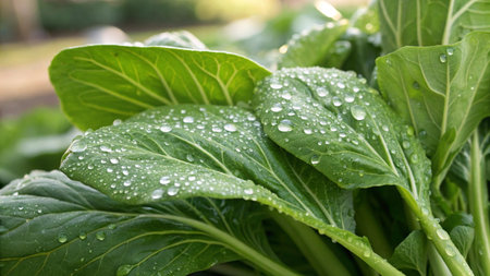 Green bok choy with dew drops in the garden.