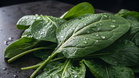 Fresh spinach leaves with water drops on black background. Healthy food concept.の写真素材