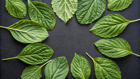 Fresh basil leaves on black background. Flat lay, top view.の写真素材