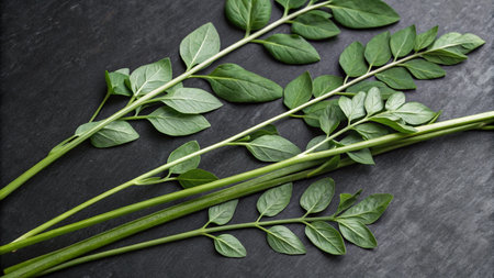 Fresh green spinach leaves on black stone background. Top view with copy spaceの写真素材