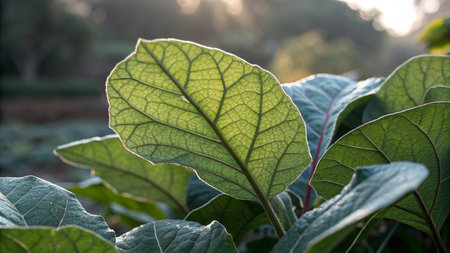 Green leaves of burdock plant in the morning light, Thailand.