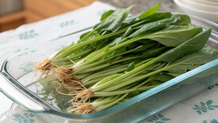Bunch of fresh spinach in a glass container on a table.の写真素材