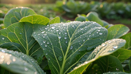 Cabbage leaves with dew in the morning, close-upの写真素材