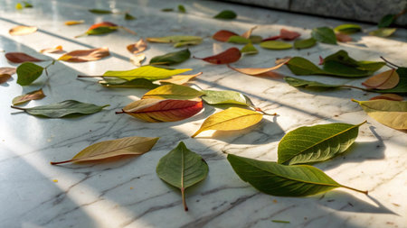 Fallen leaves on the white marble floor in the garden, Thailand.