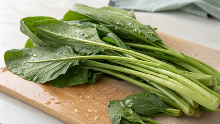 Bunch of fresh spinach on a cutting board with water droplets