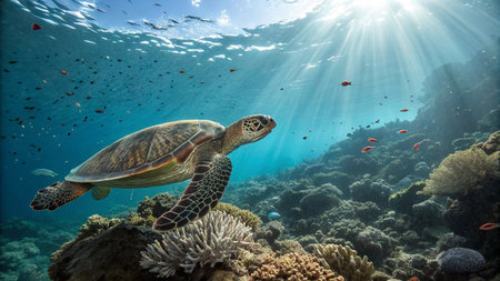 Green Sea Turtle swimming in the Red Sea.の写真素材