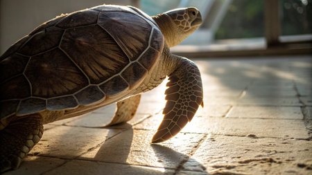 Turtle walking on the floor in the park,selective focus