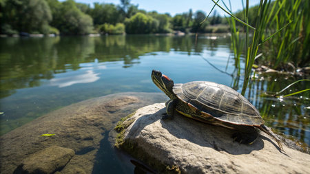 Red-eared slider (Trachemys scripta elegans) basking in the sun.の写真素材