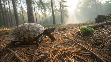 turtle on the ground in the forest in the rays of the sunの写真素材