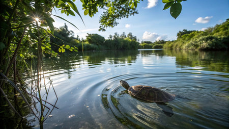 Turtle swimming on the river in the summer. Trachemys scriptaの写真素材