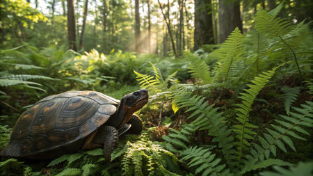 Turtle in the forest with ferns and sun rays.の写真素材
