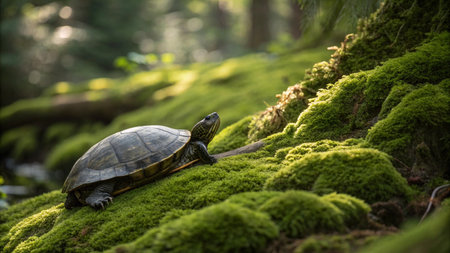 Turtle on the moss in the forest, soft focus background.の写真素材