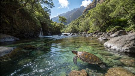 Green turtle swimming in a river in the mountains of New Zealand.の写真素材