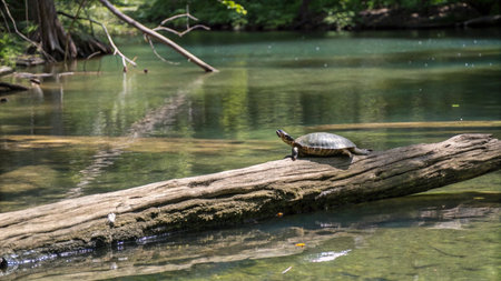 Turtle on a log in the middle of a river in the forestの写真素材