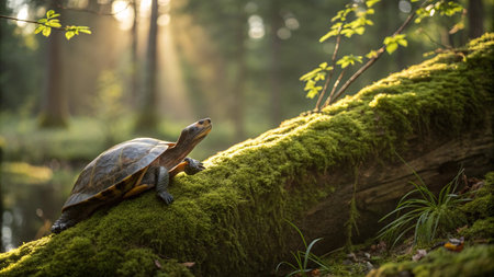 turtle on a green moss in the forest in the rays of the sunの写真素材