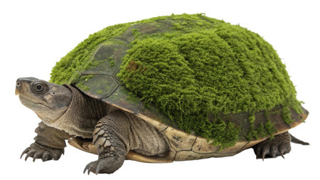 turtle isolated on a white background with a green moss in the shellの写真素材