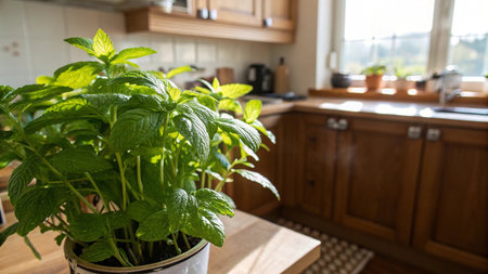 Pepper mint plant in a pot on the table in the kitchen