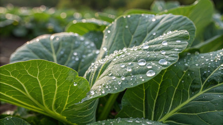 Close-up of green cabbage leaves with dew drops in the morning