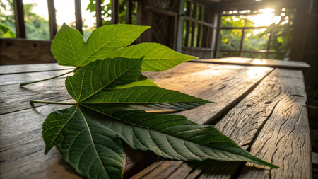 Green leaf on wooden table with sunlight in the morning, stock photo