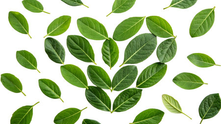 Green leaves pattern isolated on white background. Flat lay, top view