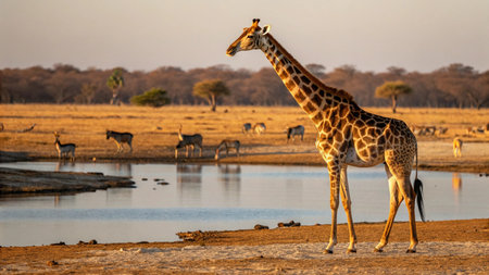 Giraffe at a waterhole in Etosha National Park, Namibiaの写真素材
