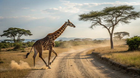 Giraffe crossing a dirt road in Serengeti National Park, Tanzaniaの写真素材