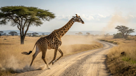 Giraffe running on a dirt road in Serengeti National Park, Tanzaniaの写真素材
