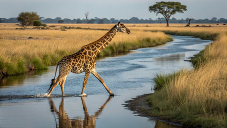 Giraffe drinking water in Okavango Delta, Botswana, Africaの写真素材
