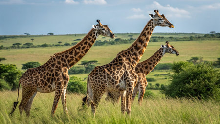 Three giraffes in the Serengeti National Park, Tanzania, Africaの写真素材