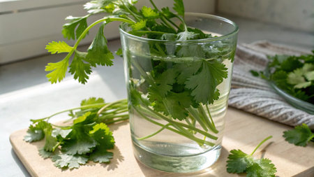 Coriander juice in a glass on the windowsill, selective focusの写真素材