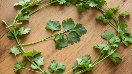Coriander leaves on a wooden background. Parsley leaves.の写真素材