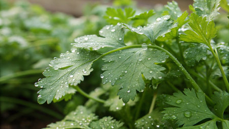 parsley in the garden with dew drops on the leaves
