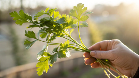 A woman's hand holds a bunch of parsley in the garden.の写真素材