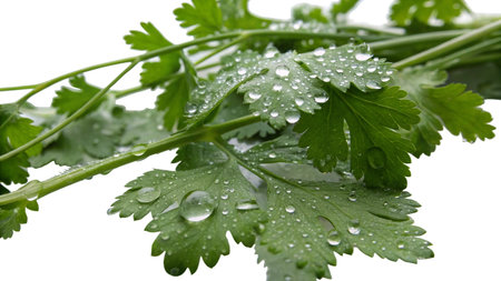 Coriander leaves with water droplets isolated on white background.の写真素材