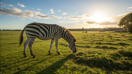 Zebra in the grassland at sunset, Cambridgeshire, Englandの写真素材
