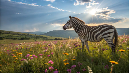 Zebra in the meadow with flowers at sunset. Panorama.の写真素材