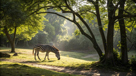 Zebra in the park in the rays of the setting sun.の写真素材