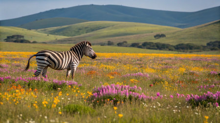 Zebra grazing in a field of wildflowers in Central Californiaの写真素材