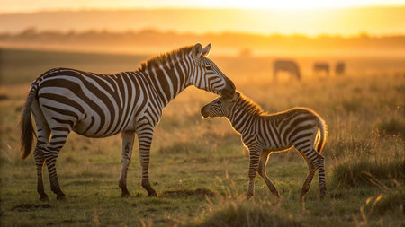 Two zebras in the morning light, Masai Mara National Park, Kenyaの写真素材