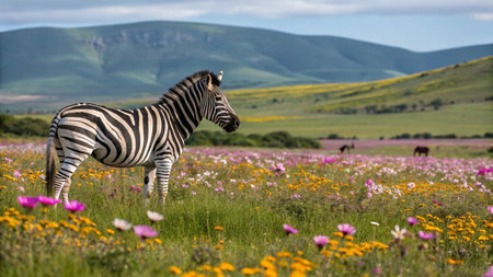 Zebra in a field of wildflowers in South Africa.の写真素材