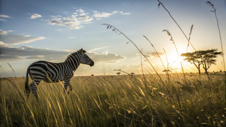 Zebra at sunset in Serengeti National Park, Tanzaniaの写真素材