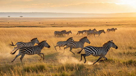 Zebras running in the Moremi Game Reserve (Okavango River Delta), National Park, Botswanaの写真素材