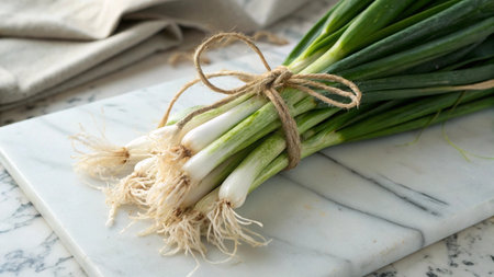 Bunch of fresh spring onions tied with twinele boardの写真素材