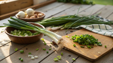 Fresh spring onions in wooden bowls on a rustic wooden table.の写真素材