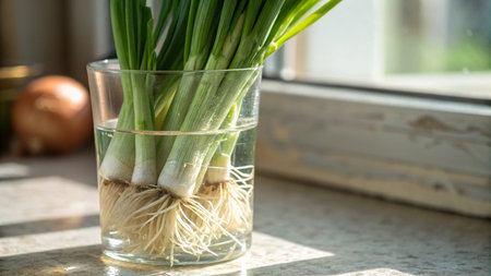Fresh spring onions in a glass vase on the windowsill.の写真素材