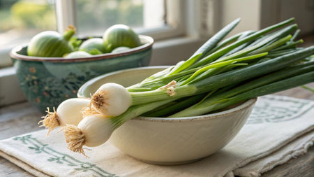 Fresh green onions in a bowl on a rustic wooden table.の写真素材