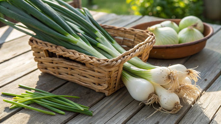 Fresh spring onions in a wicker basket on a wooden table.の写真素材