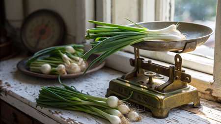 Fresh spring onions on a vintage kitchen scale. Rustic style.の写真素材