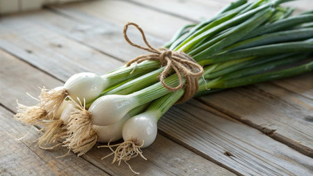 Bunch of fresh spring onions on rustic wooden background, selective focusの写真素材